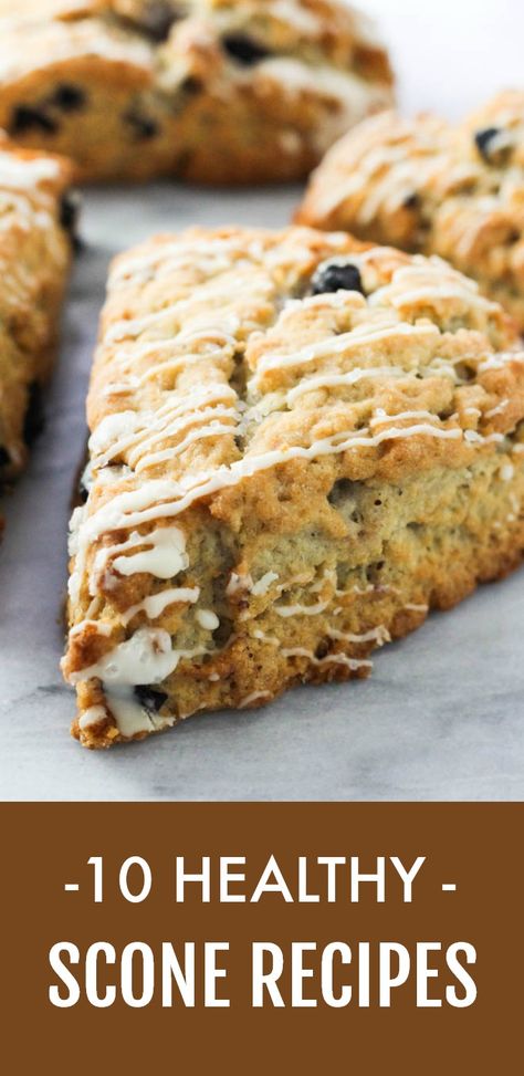 Blueberry scone drizzled with icing on a marble background. Below the image, there is a text overlay saying: 10 Healthy Scone Recipes. Spelt Scones Recipe, Apple Scones Healthy, Oat Flour Scones Recipe, Wholemeal Flour Recipes, Spelt Scones, Wholemeal Scones, Scones Healthy, Oat Scones Recipe, Fruit Scones Recipe