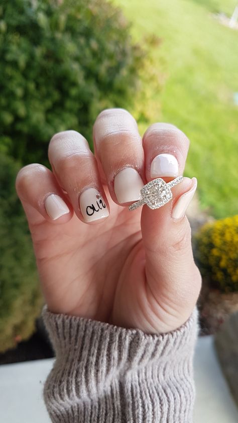 "Oui" is French for "yes". Cute Engagement nail art Nail Art For Engagement Brides, Engagement Nails Ideas Simple, Engagement Photo Nails Ideas, Bachelorette Nail Ideas, Nails For Engagement Pictures, Engagement Nails Ideas, Engagement Nail Art, Engagement Nail, Bachelorette Nails