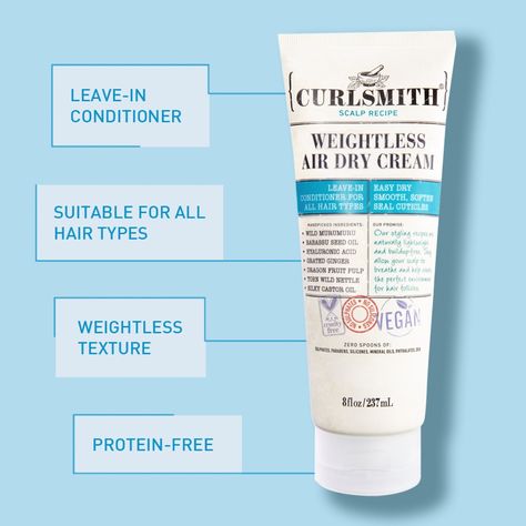 Weightless Air Dry Curly Hair Cream - Curlsmith | Sephora Air Dry Curly Hair, Curl Smith, Curly Hair Cream, Air Dry Cream, Dry Conditioner, Dry Curly Hair, Castor Oil For Hair, Free Textures, Hair Cream