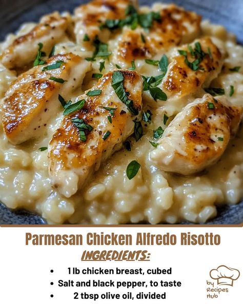 Parmesan Chicken Alfredo Risotto Chicken Parmesan Risotto, Chicken With Risotto Dinners, Chicken Broccoli Risotto, Rissoto Chicken Recipes, Parmesan Risotto Recipes, Chicken And Risotto Recipes, Alfredo Risotto, Chicken Risotto Recipes, Risotto Dinner Ideas