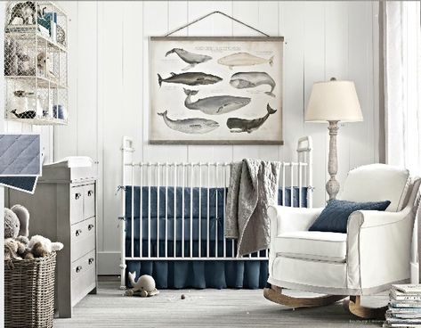 Suburban Turmoil Baby Boy Nursery Room Design, Iron Crib, Nursery Ideas Boy, Nursery Blue, Nautical Ideas, Restoration Hardware Style, Room Boy, Restoration Hardware Baby, Whale Nursery