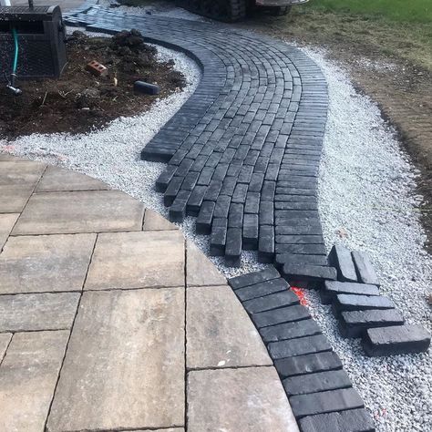 Elemental Landscapes Ltd.’s Instagram post: “Progress on the @unilock #bristol valley patio renovation in #Frankfort. The #black #copthorn is perfect #contrast for the #earthy…” Black Brick Walkway, Patio Renovation, Brick Sidewalk, Driveway Paving, Brick Walkway, Black Brick, Brick Pavers, Yard Ideas, Walkway