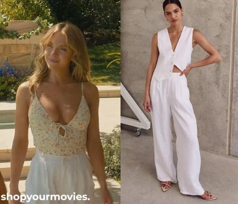 Anyone But You: Bea’s White Linen Pants Bea Anyone But You Outfits, Anyone But You Outfits Bea, Sydney Sweeney Anyone But You Outfits, Bea Anyone But You, Anyone But You Outfits, White Linen Pants, Sydney Sweeney, Black Leather Tote Bag, Pants Details