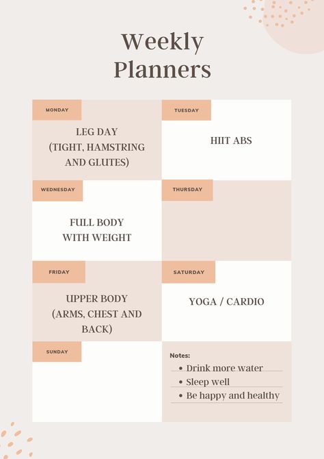 Weekly workout plan or schedule Beginner Workout Calendar, Toning Workout Schedule, Day Wise Workout Plan, Workout Schedule For Women 3 Days A Week, 5am Gym Routine, 3 Day A Week Workout Plan Gym, 5 Day Workout Schedule, Workout Days Schedule, Active Rest Day Workout