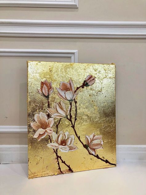 #acrylicpaint
#artideas #paintingtutorial #homedecor 
#creat Gold Leaf Flower Painting, Gold Background Painting, Gold Leaf Art Ideas, Golden Leaf Art, Gold Flower Painting, Art With Gold Leaf, Gold Acrylic Painting, Painting With Gold Leaf, Nature Canvas Painting