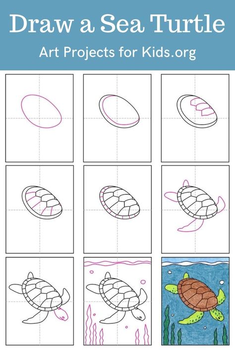 Learn how to draw a Sea Turtle with an easy step-by-step PDF tutorial.    #howtodraw #drawing #drawingtutorial #arttutorial #artprojectsforkids #howtodrawforkids #seaturtle How To Draw A Sea Turtle, How To Draw A Turtle, Draw A Sea Turtle, Camp Painting, Drawing Projects For Kids, Nims Island, Van Gogh Coloring, Turtle Activities, Digital Drawing Ideas