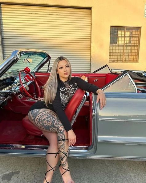 Facebook Low Riders Cars, Car Tattoo Design, Lowrider Drawings, Aztec Tattoos Sleeve, Aztec Tattoos, Chola Girl, Tattooed Girl, Steelers Girl, Tattoos Sleeve