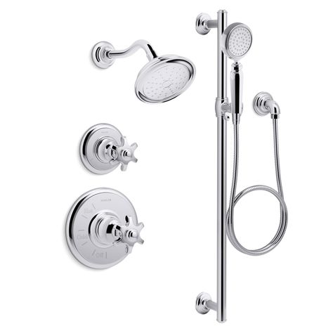 Kohler K-ARTIFACTS-RT11-3-BN Vibrant Brushed Nickel Artifacts Rite-Temp Pressure Balanced Shower System with Shower Head and Hand Shower $1468 Kohler Shower System, Downstairs Room Ideas, White Master Bath, Kohler Shower, Lake Condo, Kohler Artifacts, Hood Canal, Shower Fixtures, Steam Showers Bathroom