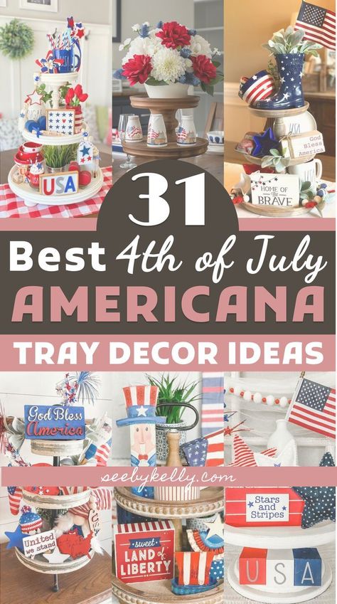 How to Make Your Own Patriotic 4th of July Wreath 4th Of July House Decor, Fourth Of July Table Decor, Fourth Of July Tablescapes, 4th Of July Tiered Tray Decor, Patriotic Tablescapes, Tiered Tray Decor Ideas, July Aesthetic, Tray Decor Ideas, July Desserts