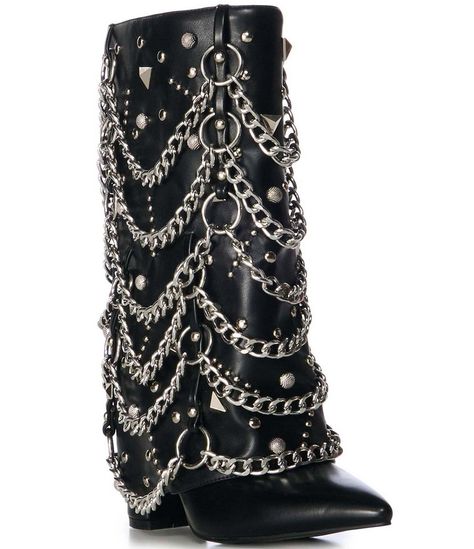 From Azalea Wang, the Aleena Chain Hardware Western Inspired Boots feature:Synthetic upperChain and stud hardware detailingPull on designSynthetic liningSynthetic otusoleApprox. 11.7" shaft heightApprox. 13.4" shaft circumferenceApprox. 4.5" heel heightImported. Ethereal Accessories, Goth Cowgirl, Indian Boots, Platform Heeled Boots, Gothic Western, Chain Boots, Fun Beauty Products, Demonia Boots, Platform Heels Boots