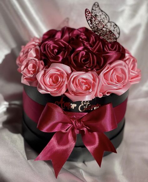 Ribbon Flower Ideas, Candy And Flower Bouquet, Eternal Flower Bouquet For Bf, Forever Flower Bouquet, Forever Flowers Ribbon, Eternal Flower Bouquet Ribbon, Flower Gift Box Ideas, Satin Ribbon Flowers Bouquet, Satin Flower Bouquet