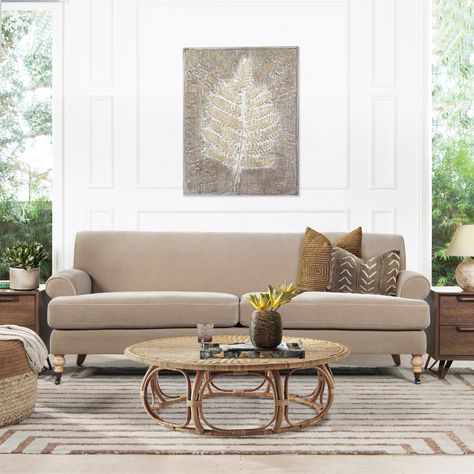 Pretty enough to be dressed up in a sitting room yet comfortable for lounging and relaxing, the Alana Lawson Two-Cushion Tight back Sofa is perfect for a cozy modern farmhouse or Scandinavian-styled living space. Here is neutral mink beige Alana paired with rattan cane accents and decors. Lawson Sofa, Tight Back Sofa, Olive Sofa, Modern Fabric Sofa, Ottoman Sofa Bed, Modern Sleeper Sofa, Modern Rustic Farmhouse, Chic Sofa, Single Sofa Bed