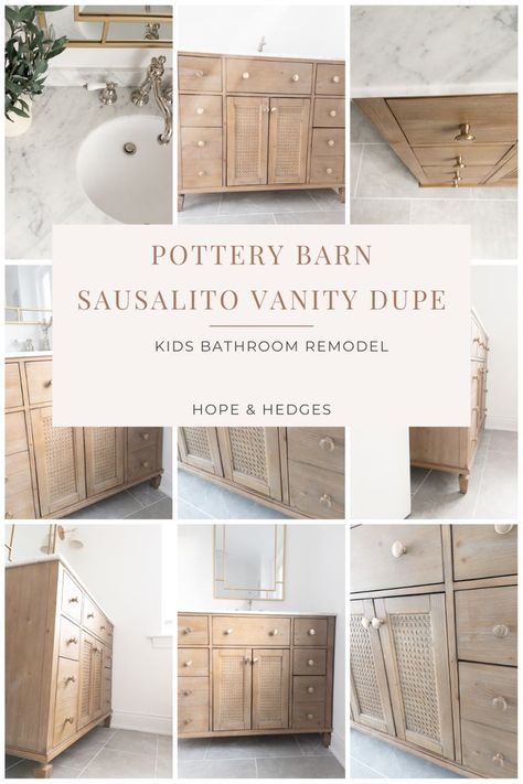 Pottery Barn Sausalito Vanity Dupe / Look For Less with Emtek brass knobs and Kingston Brass faucet in polished nickel Sausalito Vanity, Cane Cabinets, Restoration Hardware Bathroom Vanity, Pottery Barn Bathroom Vanity, Natural Wood Vanity, Restoration Hardware Bathroom, Pottery Barn Vanity, Pottery Barn Sausalito, Pottery Barn Bathroom