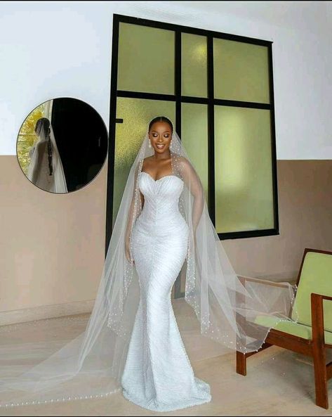 Wedding Dress Styles Black Women, Bougie Wedding Dress, Wedding Dress Ideas Black Women, Elegant Wedding Dress Long Train, Hanifa Bridal, Mermaid Wedding Dress Black Bride, Royalty Wedding Dress, Black People Wedding Dresses, African Wedding Dress Bridal