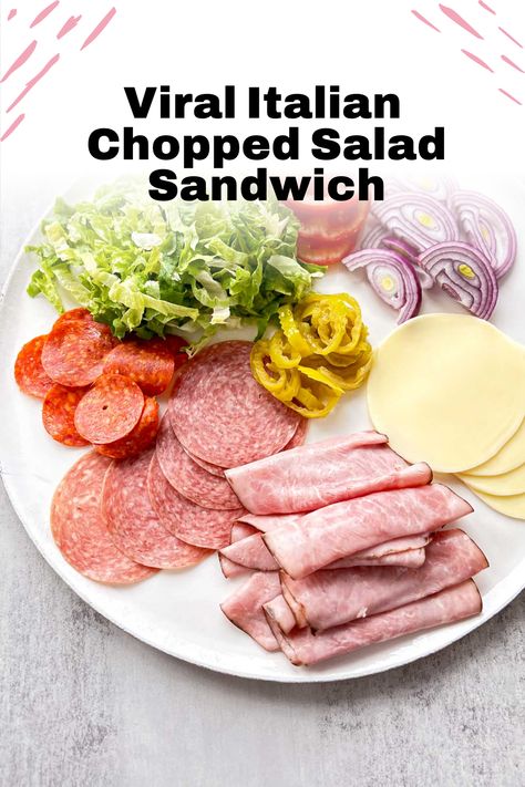 These chopped Italian sandwiches are bursting with flavor and packed to the brim. Every bite offers a delightful blend of all the delicious ingredients. It's a TikTok viral sandwich recipe. Viral Chopped Salad Sandwich, Cold Italian Sandwiches, Viral Chopped Italian Sandwich, Summer Chopped Salad Recipes, Chop Salad Sandwich, Chopped Salad Recipes Italian, Italian Chopped Salad Sandwich, Sub Salad Recipes, Tik Tok Sandwich