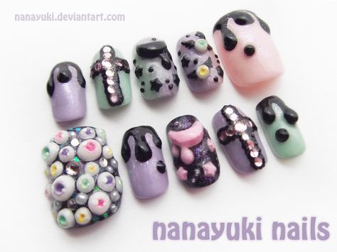 Pastel Goth Nails, Creepy Nails, Goth Nail Art, Makeup Kawaii, Pastel Goth Makeup, Kawaii Nail Art, Happy Nails, Goth Nails, Art Pastel