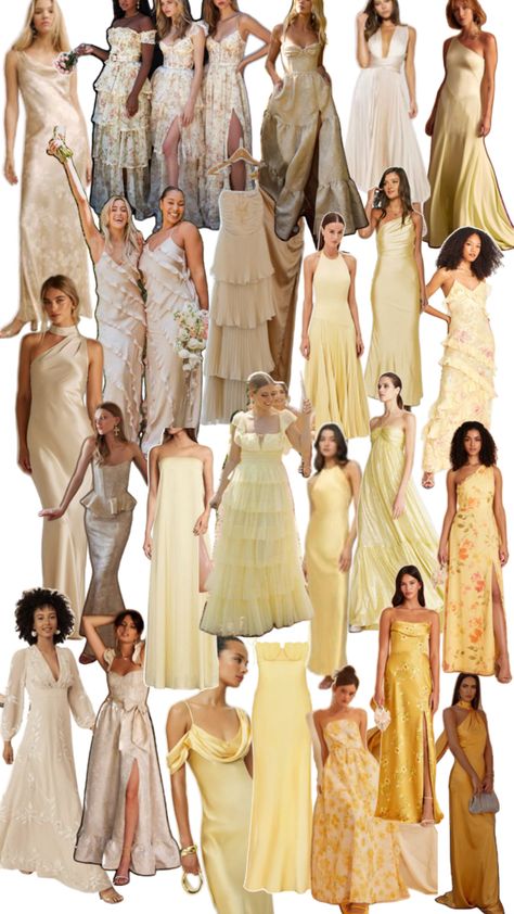 champagne to yellow Yellow Gold Bridesmaid Dresses, Champagne Wedding Colors Scheme, Champagne Gold Bridesmaid Dresses, Mixed Bridesmaid Dresses, Long Gold Bridesmaid Dresses, Cream Bridesmaid Dresses, Elegant Wedding Colors, Yellow Champagne, Champagne Wedding Colors