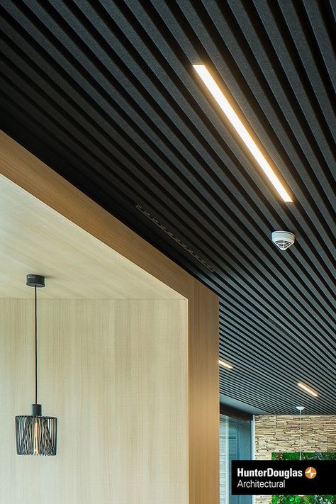 Linear Ceiling Design, Modern Suspended Ceiling, Felt Ceiling Panels, Acoustical Ceiling Design, Ceiling Material Ideas, Ceiling Panels Ideas, Cool Ceilings, Interesting Ceilings, Gym Ceiling