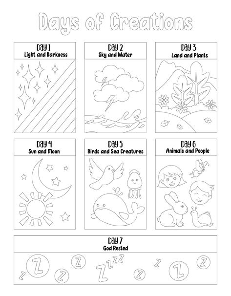 Creation Activity For Kids, Bible Study Kids Activities, Creation Crafts For Kids Sunday School, Days Of Creation Activities, Creation Worksheets Free Printables, Creation Coloring Pages Printables Free Preschool, 7 Days Of Creation Printable Free, Creation Coloring Pages Printables Free, Creation Crafts For Preschool