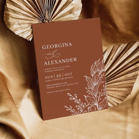 Simple Wildflower Wedding, Greenery Illustration, Bohemian Autumn, Botanical Wedding Invitation, Wedding Minimalist, Rural Wedding, Orange Terracotta, Autumn Invitations, Terracotta Wedding