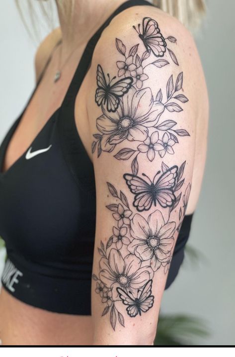 Flower Garden Arm Tattoo, Flower Tattoos Large, Shoulder Half Sleeve Tattoo For Women, Flower Patchwork Tattoo, Top Of Arm Tattoos For Women, Shoulder Floral Tattoo, Floral Upper Arm Tattoo, Sleeve Flower Tattoo, Garden Tattoo Sleeve