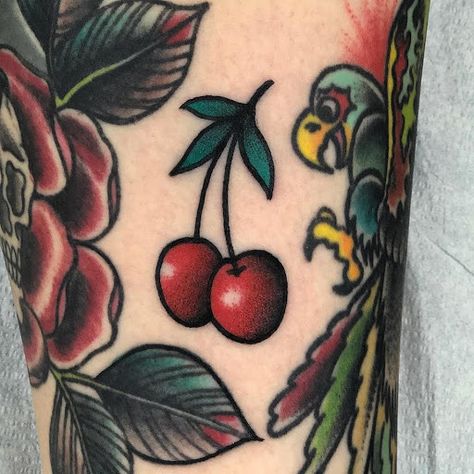 Traditional Cherry Tattoo, Black Cherry Tattoo, Traditional Tattoo Filler, Cherry Tattoo, Fruit Tattoo, Cherry Tattoos, Tattoo Filler, Traditional Tattoo Sleeve, Traditional Tattoo Design