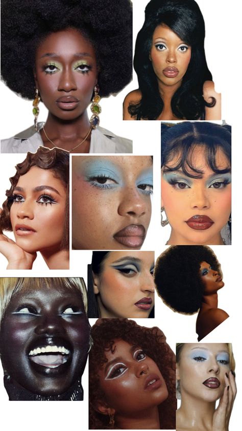 60s Beauty Ads, 70s Glamour Makeup, Gogo Dancer Makeup, 70s Green Makeup, 70s Black Women Makeup, 70s Makeup Glam, Donna Summer Makeup, Black 70s Makeup, 70d Makeup