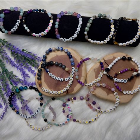 🪩✨ Calling all the Swifties!!! 🪩✨ Check out these unique, one of a kind, Taylor Swift inspired, real gemstone friendship bracelets! 🎊🎊 Each one is handmade, and no two are the same! (Unless you want matching ones for you and your bestie!) 💜 Each bracelet has a variety of different crystal beads - from Rose Quartz, Amethyst, Moss Agate, Sodalite, Amazonite and more! (We use plastic letter beads and spacers.) We make custom bracelets for all your trading needs! We also offer wholesale pric... Taylor Swift Inspired, Plastic Letters, Letter Beads, Custom Bracelets, Moss Agate, Crystal Beads, Friendship Bracelets, Rose Quartz, Are You The One