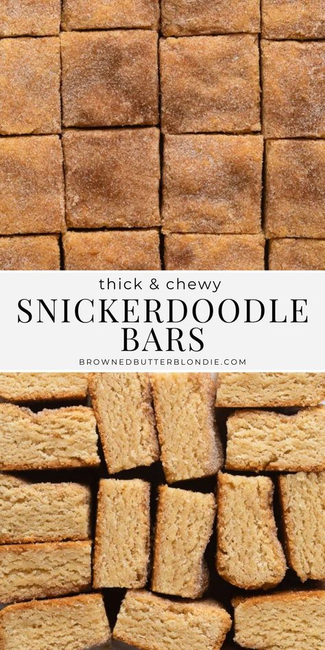 Delightfully thick and chewy snickerdoodle bars dusted with a crunchy cinnamon sugar topping. An easy one pan fall or holiday dessert ready in 30 minutes. | Browned Butter Blondie Snickerdoodle Cookie Bars, Snickerdoodle Bars, Snickerdoodle Cookie, Cookie Sticks, Cookies Gluten Free, Snickerdoodle Cookies, Cookie Bar, Cookie Bar Recipes, Dessert Bar