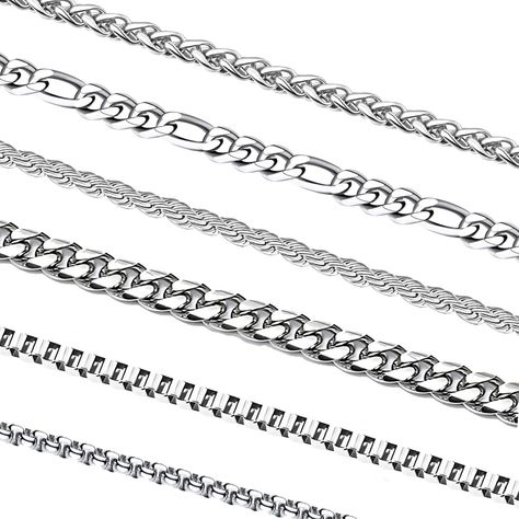 PRICES MAY VARY. [Chain Size] Cuban chain: 20 inches/6mm width, Box chain:20 inches/3mm, Rope chain: 20 inches/4mm, Figaro Chain: 20 inches/6mm, Rolo chain: 20 inches/3.5mm, Wheat Chain: 20 inches/4mm. Proper size fits most women. [Save Your Money] No more worrying about which chain to wear, you can get 6 pieces of silver chains in one package. Get more chains with less money. [Last Long]The womens silver chain necklace will not fade or tarnish while showering, swimming, or daily wearing. Made w Rope Jewelry, Mens Necklace, Stainless Steel Chain Necklace, Mens Chain Necklace, Silver Chains, Jewelry Picture, Figaro Chain, Men's Necklace, Cuban Chain