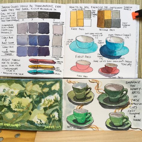 Cora Brown on Instagram: “Let's face it, some of us just aren't meant to sketch cups. Practicing transparent cast shadows and form shadows (shade) for Liz Steele's…” Watercolor Shadows Tutorial, Shadows In Watercolor, Watercolor Shadows, Shadow Watercolor, Watercolor Shading, Watercolor Process, Shadow Painting, Colour Drawing, Watercolor Mixing