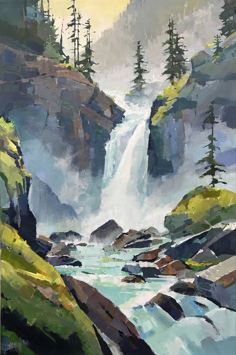 Randy Hayashi | Koyman Galleries Randy Hayashi, Rocky Waterfall, Cliff Art, Scenery Mountain, Painted Water, Waterfall Paintings, Waterfall Art, Landscape Paintings Acrylic, The Beauty Of Nature