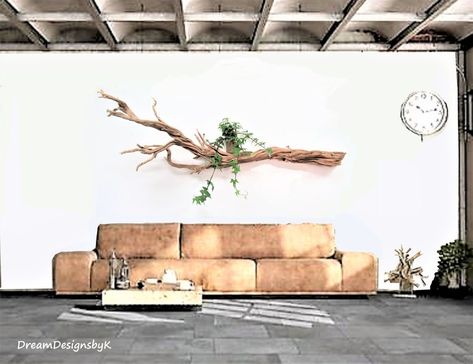 Driftwood Above Bed, Driftwood Project, Hyatt Hotel, Wall Hats, Tree Branch Wall, Driftwood Art Diy, Large Wood Wall Art, Driftwood Projects, Tree Root