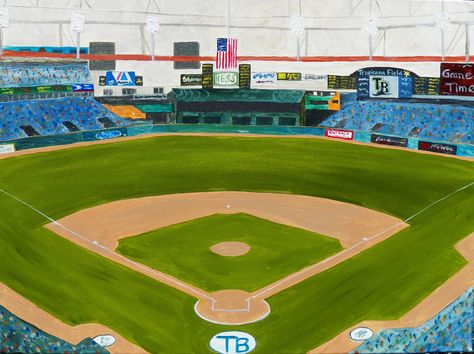 Baseball Field Painting, Baseball Field Drawing, Baseball Painting On Canvas, Tropicana Field, Baseball Painting, Baseball Canvas, Frat Coolers, Baseball Stadium, Working People