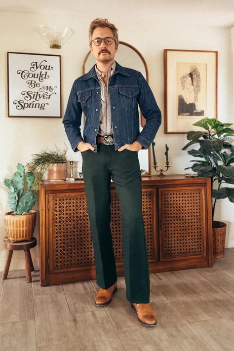 Vintage Western, Denim, and Green Boho Western Mens Fashion, Mens 70s Western Fashion, Western Style Outfits Men, Denim Cowboy Outfit, Western Mens Outfits, Vintage Cowboy Outfit, Mens Denim Outfit, Vintage Belt Outfit, Men’s 70s Fashion