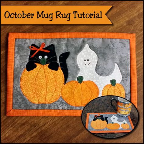 Adorable Halloween Mug Rug pattern and tutorial. Black cat, ghost and pumpkins with the cutest embellishments you'll love for Halloween. Fall Mug Rugs, Bat Quilt Block, Mug Rug Pattern, Mini Patchwork, Mug Rug Tutorial, Pumpkin Applique, Mini Quilt Patterns, Halloween Sewing, Rug Tutorial