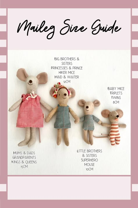 Check out our amazing Maileg size guide - includes details on mice sizes and which furniture to pick for them! Mice Dolls, Maileg Mouse Clothes Pattern, Diy Maileg Mice, Maileg Mouse Pattern Free, Maileg Mice Clothes Pattern, Maileg Mouse Clothes, Maileg Dollhouse Ideas, Diy Maileg Furniture, Maileg Mice