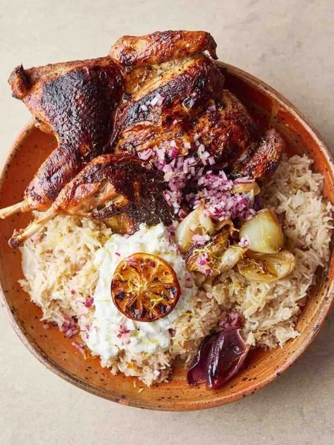 Lemon-tzatziki chicken | Jamie Oliver recipes Jamie Oliver 5 Ingredients, Tzatziki Chicken, Family Dishes, Roasted Onions, Jamie Oliver Recipes, Roast Chicken Recipes, Pan Recipes, One Pan Meals, Latest Recipe