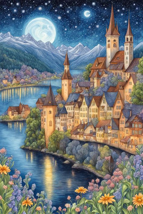 Starry Night in Old Lucerne: A Naive Fairytale Enchanting Landscape, Detailed Landscape, Fairy Tale Art, Spring Night, Naive Painting, Spring Nights, Colored Pencil Drawing, Fairytale Art, Fantasy Fairy