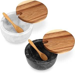 HESHIBI Marble Salt Cellar Box with Wood Lid & Spoon, Modern Stone Salt or Pepper Sugar Spice Seasoning Bowl Container Jar Holder Well Keeper Dish Pig Crock for Kitchen（White and Black） Salt Container, Salt Pig, Black Bowl, Salt Box, Spice Organization, Salt Cellar, White Bowls, Spice Jars, Kitchen Utensils Gadgets