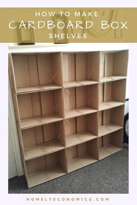 How To Make Cardboard Box Shelves Cardboard Shelves Diy How To Make, Diy Shelves Easy Cheap, Papie Mashe, Cardboard Box Storage, Cardboard Box Diy, Cardboard Ideas, Diy Boxes, Cardboard Organizer, Cardboard Creations