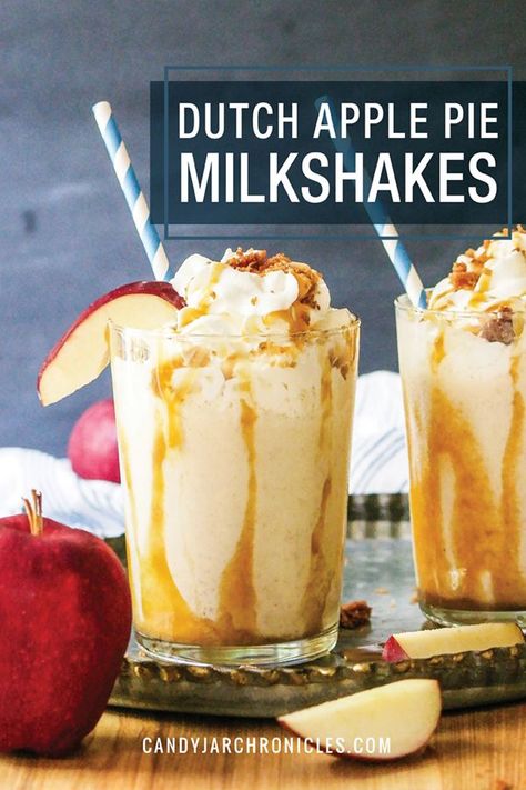 Dutch Apple Pie Milkshakes are fun fall inspired drinks. Apple pie filling is blended with ice cream, a bit of milk and a true baked crumble.  #applepie #milkshakes #colddrinks via @Candy Jar Chronicles Apple Pie Shake Recipe, Apple Pie Milkshake, Thanksgiving Beverages, Frozen Banana Ice Cream, Dinner Decoration Ideas, Punch For Kids, Fall Inspired Drinks, Pie Milkshake, Fall Desserts Apple