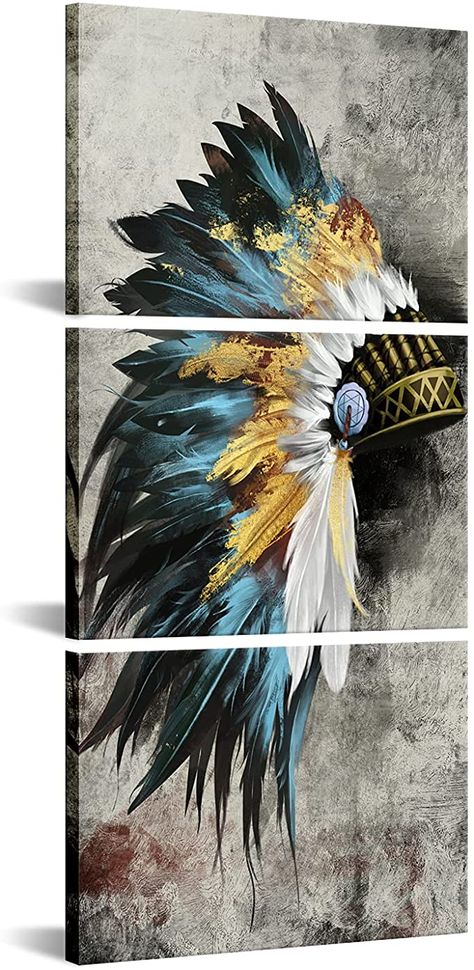 Native American Headdress Painting, Native Room Ideas, Native American Bathroom Decor, Native American Inspired Decor, Native Bedroom Ideas, Native American Bedroom Decor, Native Paintings On Canvas, Native American Paintings Canvases, How To Paint Feathers