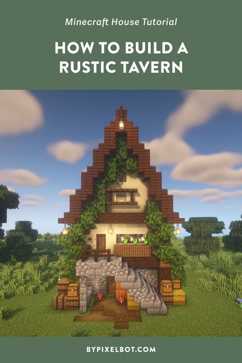 How to Build a Rustic Medieval Tavern in Minecraft Hut Minecraft Ideas, Minecraft Small Hut Ideas, Minecraft Burch Houses, Minecraft Town Fountain, Minecraft Monestry, Minecraft Town Center Fountain, Minecraft Logging Mill, Minecraft Spruce Village Ideas, Minecraft Stone Mason House