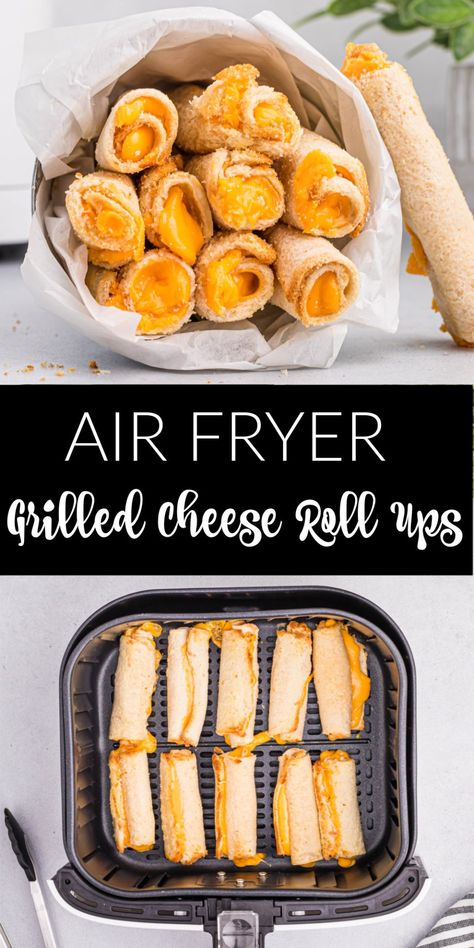 Picky Eaters Snacks, Rolled Grilled Cheese, Air Fryer Cheese Roll Ups, Grilled Cheese Rollups, Air Fryer Cheese Recipes, Air Fryer Lunch Box Ideas, Grilled Cheese Roll Ups Air Fryer, Air Fryer Cream Cheese Roll Ups, Air Fry Sandwiches