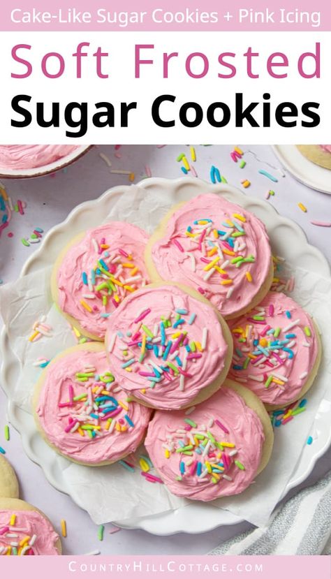 This Walmart sugar cookie recipe makes soft, tender sugar cookies with fluffy buttercream frosting and colorful sprinkles on top. They are super simple to make and taste exactly like the grocery store favorite! Everyone loves those iconic, super sweet grocery-store sugar cookies with that creamy frosting and brightly colored sprinkles. They have the softest texture and are like a cross between classic sugar cookies and white cake similar to copycat Lofthouse cookies. | CountryHillCottage.com Walmart Sugar Cookie Recipe, Sugar Cookie Recipe No Butter, Frosting Cookies, Fluffy Buttercream, Soft Frosted Sugar Cookies, Soft Sugar Cookie Recipe, Frosted Sugar Cookies, Creamy Frosting, Sugar Cookie Icing