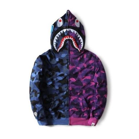 BAPE Cross Camo Blue Shark Hoodie ❤ liked on Polyvore featuring tops, hoodies, hooded sweatshirt, purple top, a bathing ape hoodie, blue hooded sweatshirt and hooded pullover Bape Shark Hoodie, Bape Jacket, Bape Outfits, Coat Streetwear, Bape Shark, Bape Hoodie, Shark Hoodie, Blue Shark, Cheap Hoodies