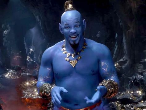 In the real life version of the cartoon movie Aladdin, Will Smith took on the role of the Genie. Most notable for his blue skin, pointy ears, black ponytail, and various golden jewelry. Aladdin Film, Movie Place, New Power Rangers, Aladdin Genie, Power Rangers Movie, Genie Aladdin, Paramount Studios, Lego Movie 2, Live Action Movie