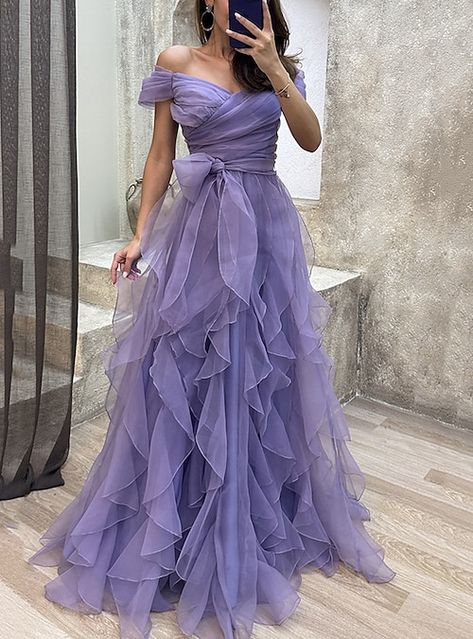 Evening Maxi Dress, Purple Prom, Dress Layered, Purple Prom Dress, Floor Length Prom Dresses, Evening Dresses With Sleeves, Dress Sleeve Styles, Off Shoulder Fashion, Tulle Gown