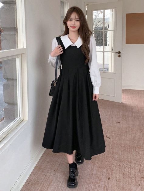 Non Dress Prom Outfit, Trendy Black Collared Shirt Dress, Dress Outfits Korean Style, Collared Pleated Shirt Dress For Daywear, Dress Korean Style Simple, Dress And Shirt Layer Outfit, Black Korean Outfit, Korean Outfits Women, Daywear Pleated Collared Shirt Dress